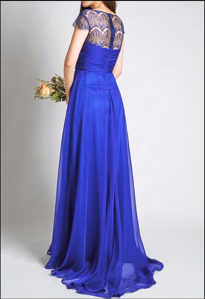 Royal Blue With Cap Sleeves Lace Chiffon A-line Wedding Party Long