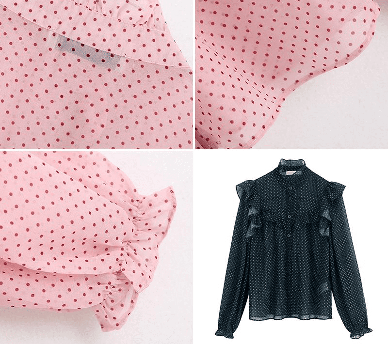 Pink Vintage Ruffled Dot Print Buttons Chiffon Blouse Shirt