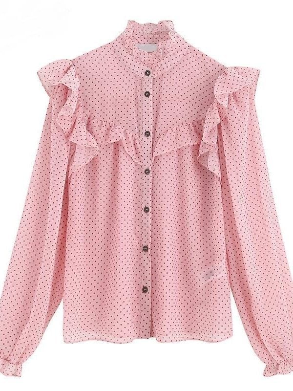 Pink Vintage Ruffled Dot Print Buttons Chiffon Blouse Shirt