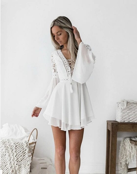 White Lace V-Neck Long Sleeve Boho Dress in Boho Dresses