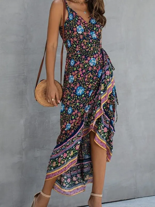 Ruffle Sleeveless Floral Print Strap High Waist Maxi Dress