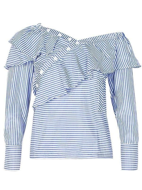 One Shoulder Off Ruffles Blue Striped Long Sleeve Blouse Shirt