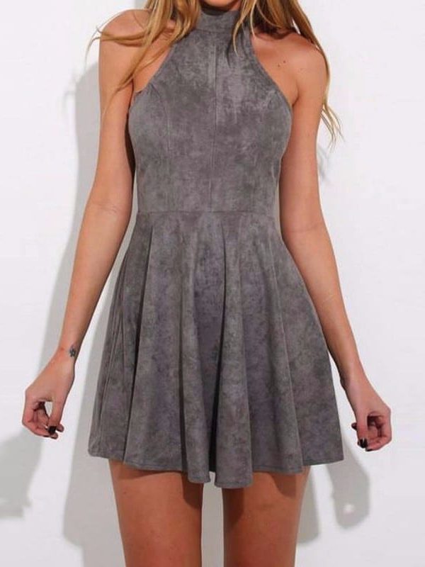 Gray Bandage A-line Off Shoulder Backless Solid Sleeveless Mini Dress