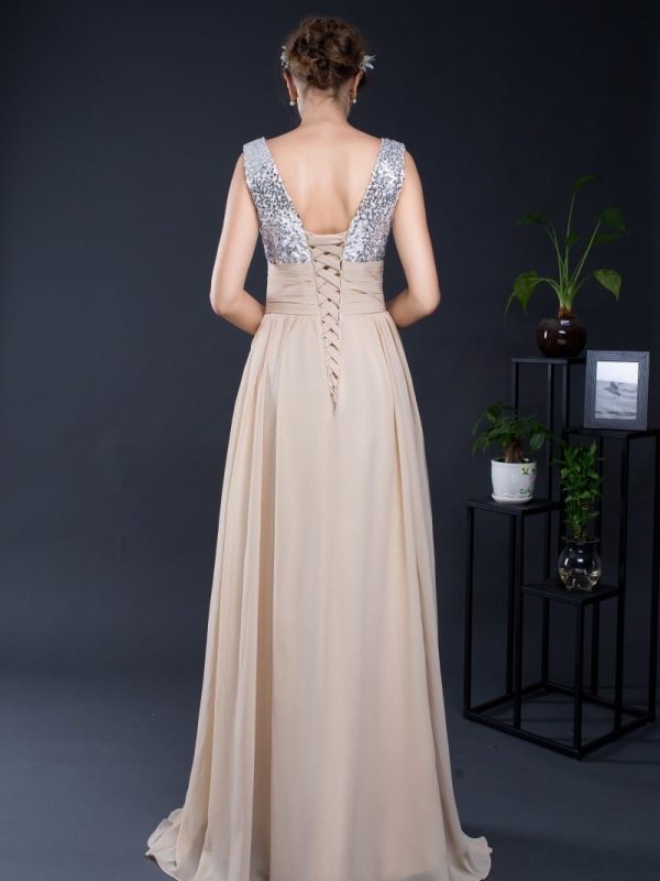 A-line V-neck Top Sequined Chiffon Long Bridesmaid Dress
