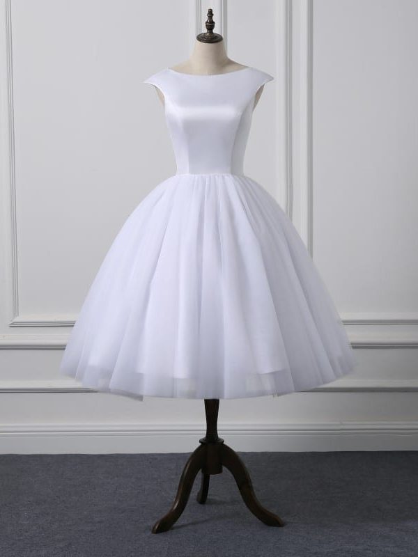 Short Cap Sleeve Knee Length Scoop Neckline Simple Ball Gown Wedding Dress