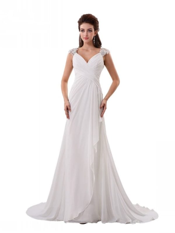 Lace Beaded Chiffon V-neck Beach Wedding Dress