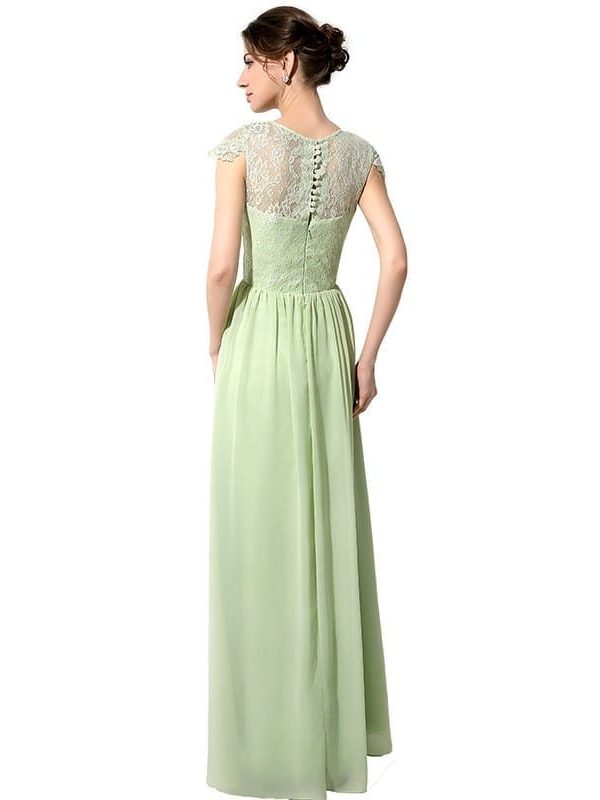 Green Long Lace Chiffon Bridesmaid Dress With Covered Button