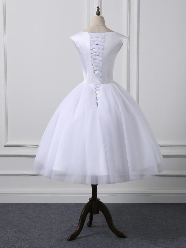 Short Cap Sleeve Knee Length Scoop Neckline Simple Ball Gown Wedding Dress