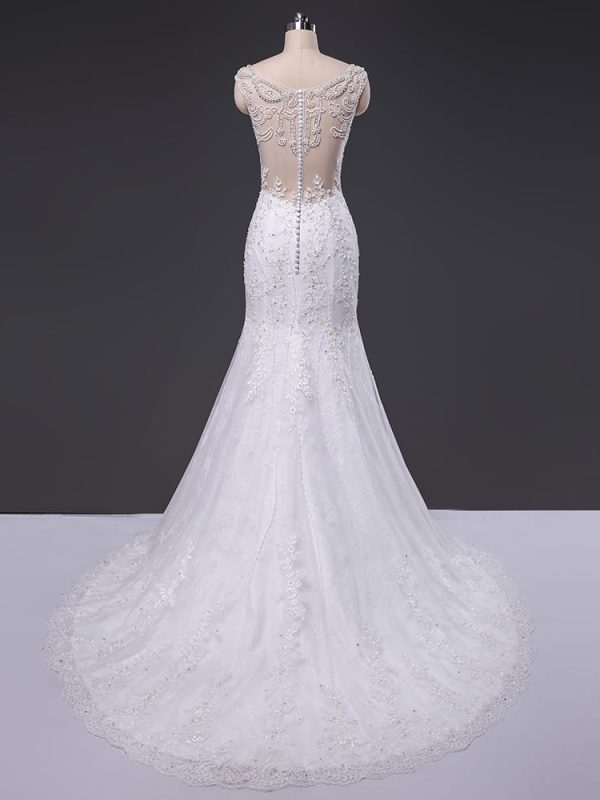 Elegant Beaded Cap Sleeve Backless Mermaid Wedding Dress