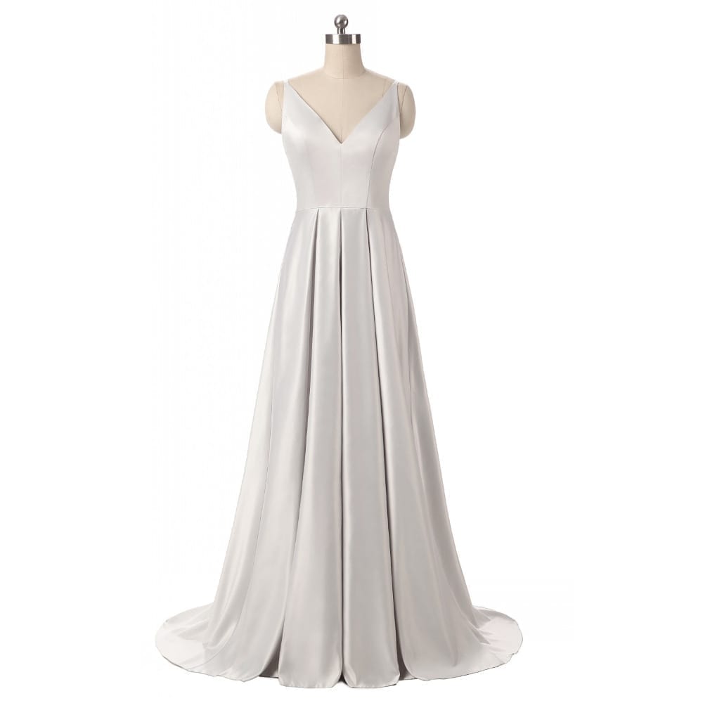 Elegant V-neck Pleat Satin Long Evening Dress