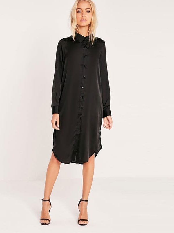 Black Long Sleeve Turn-down Collar Split Side Embroidery Loose Dress