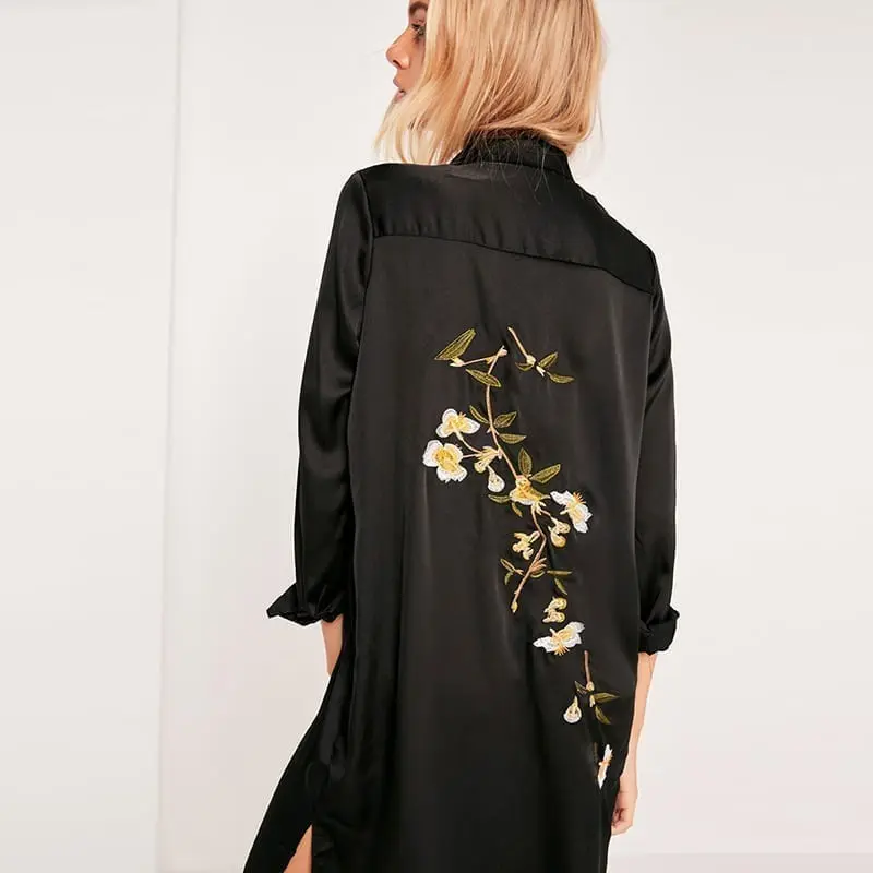 Black Long Sleeve Turn-down Collar Split Side Embroidery Loose Dress