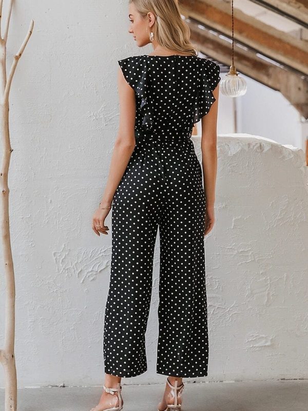 Elegant Polka Dot Print Ruffle Sleeveless V Neck Long Jumpsuit