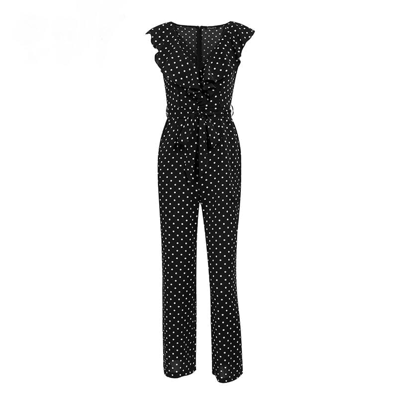 Elegant Polka Dot Print Ruffle Sleeveless V Neck Long Jumpsuit