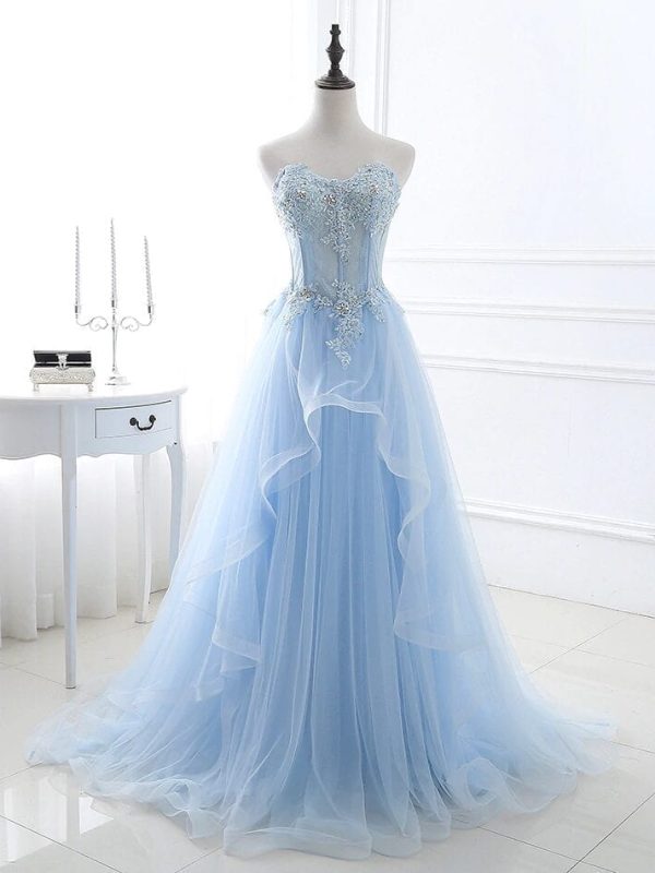 Light Blue Tulle Lace Appliqued Long Prom Dress