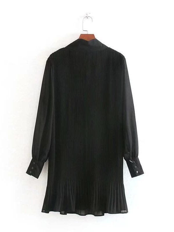 Elegant Bow Collar Pleated Black Mini Dress