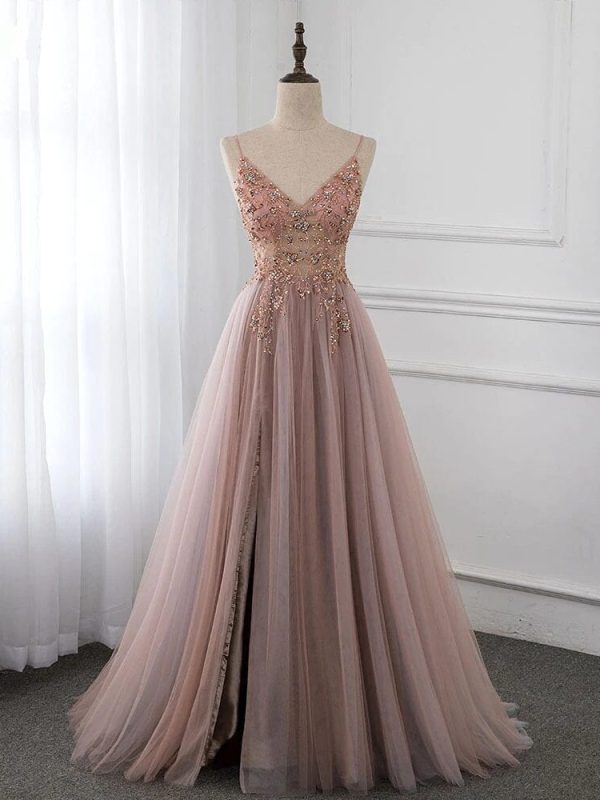 Dusty Pink Crystal Straps Spaghetti See Through Tulle Prom Dress in Prom Dresses
