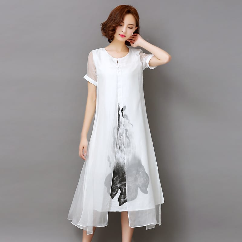 Ink Print Long Retro Short Sleeve Cotton Linen Dress - Uniqistic.com