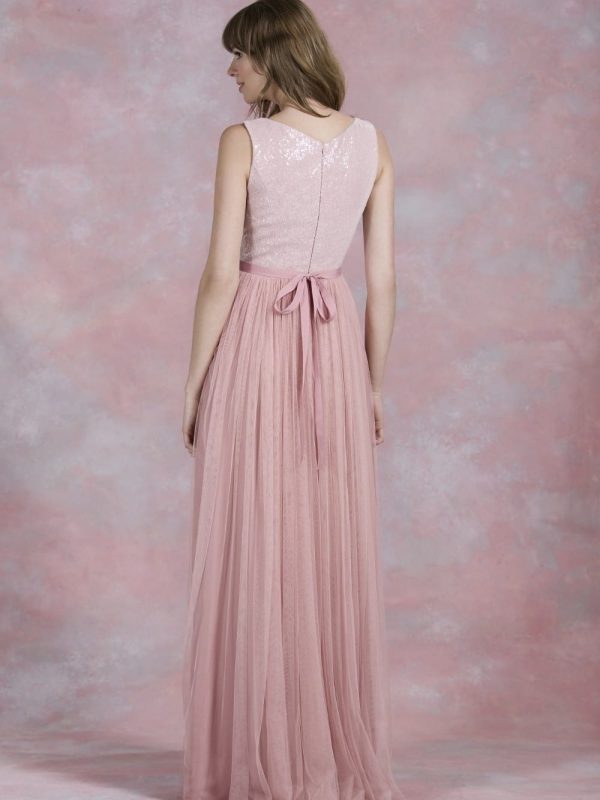 Nude Pink Sequined A Line Zipper Back Long Tulle Bridesmaid Dress