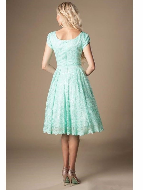 Mint Lace Short Sleeves A Line Knee Length Bridesmaid Dress
