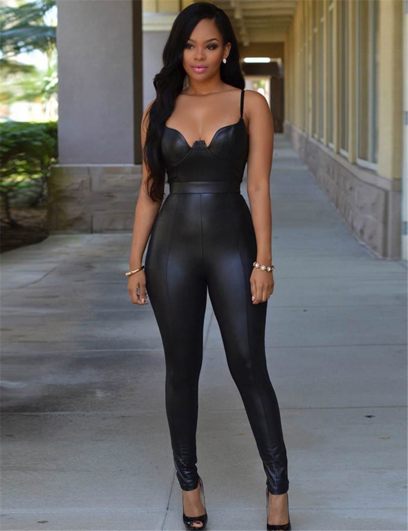 Backless Bandage Smooth Wetlook Tight-fitting Cute Faux Leather Jumpsuit in Jumpsuits & Rompers