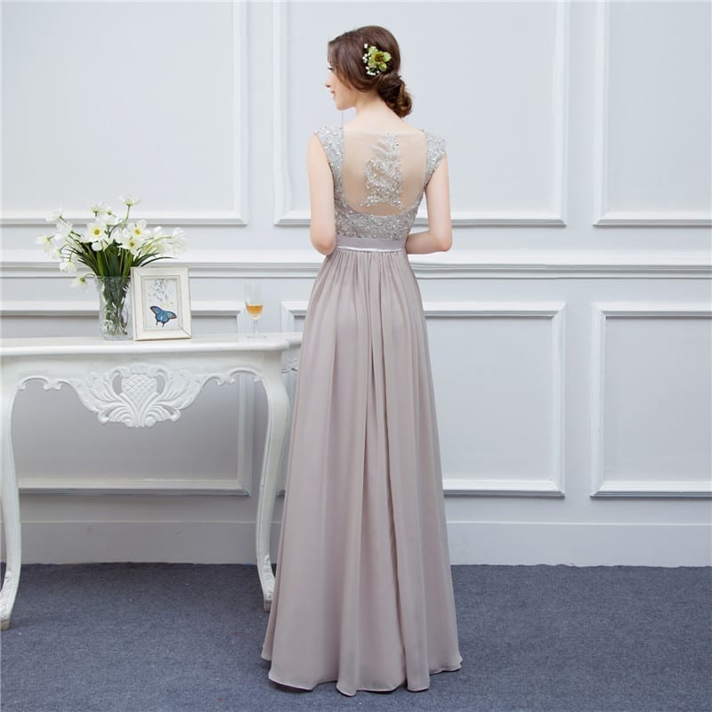 Silver Grey Cap Sleeve Applique Floor Length Long Chiffon Bridesmaid Dress