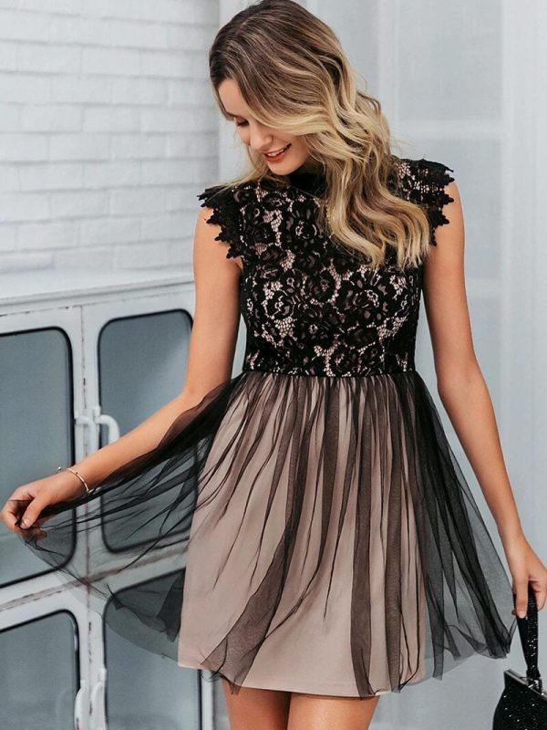 Elegant Black Sleeveless Floral Lace Dress