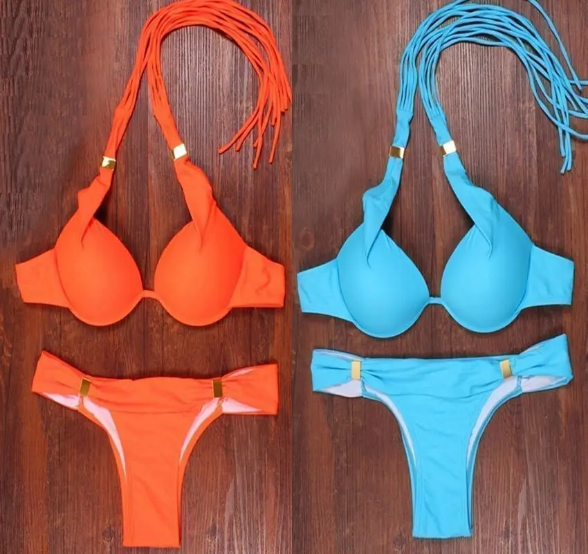 Blue Orange Bandeau Push Up Bikini Set