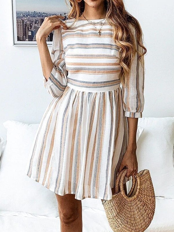 Elagant Striped O-neck Beach Mini Dress