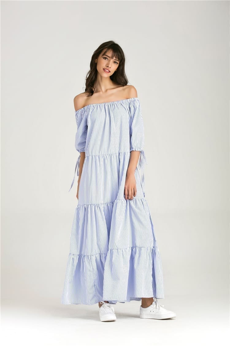 Blue And White Striped Short Sleeve Off Shoulder Cotton Lace Up Maxi Dress