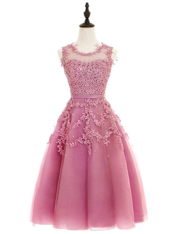 Pink Beaded Lace Appliques Short Knee Length Evening Bridesmaid Dress