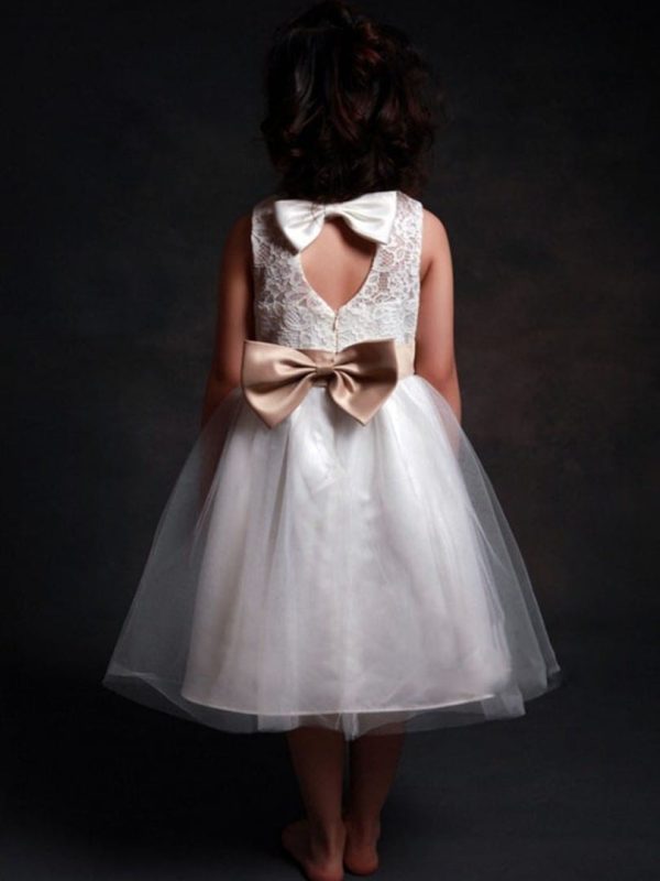 White Lace Bowknot Flower Girl Dress 2-12y