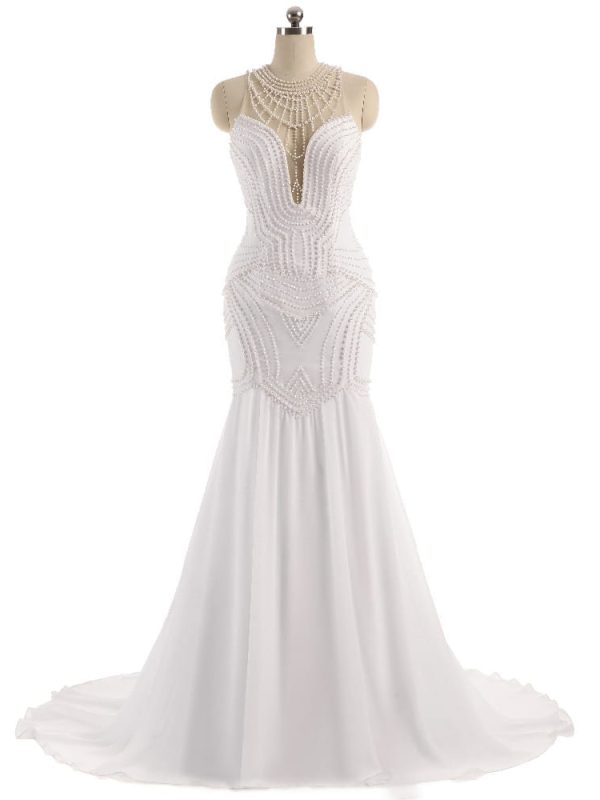 Sheer Neck Pearls Illusion Back Mermaid Wedding Dress