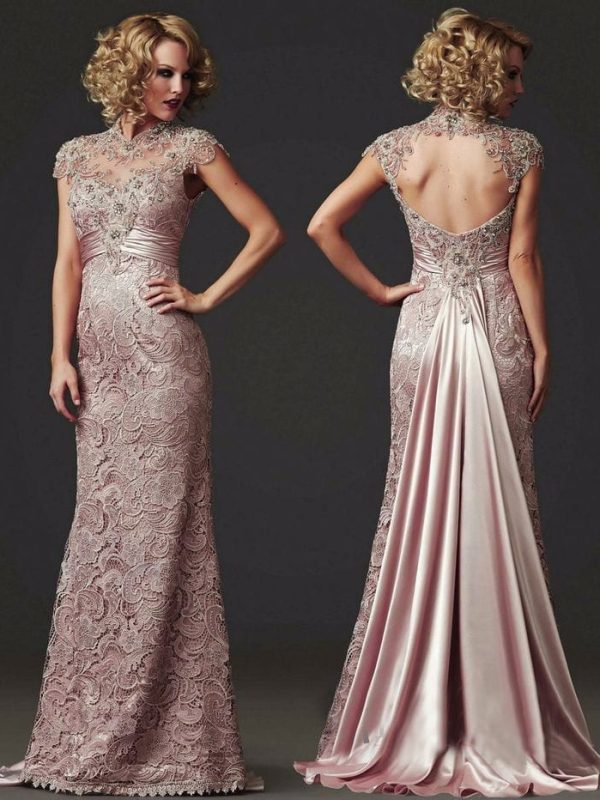 Beaded High Neck Long Mermaid Lace Evening Mother Of The Bride Dress in Mother of the Bride Dresses