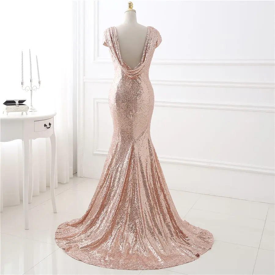 Elegant Rose Gold Sequin Short Sleeves Bridesmaid Dress