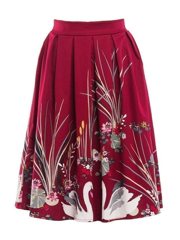 Elegant Vintage Swan Printed High Waist Flared Midi Pleated Skirt
