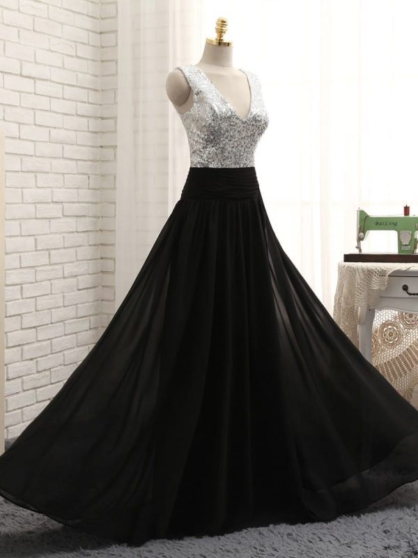 A-line Deep V-Neck Black Chiffon Sequins Long Bridesmaid Dress in Bridesmaid dresses