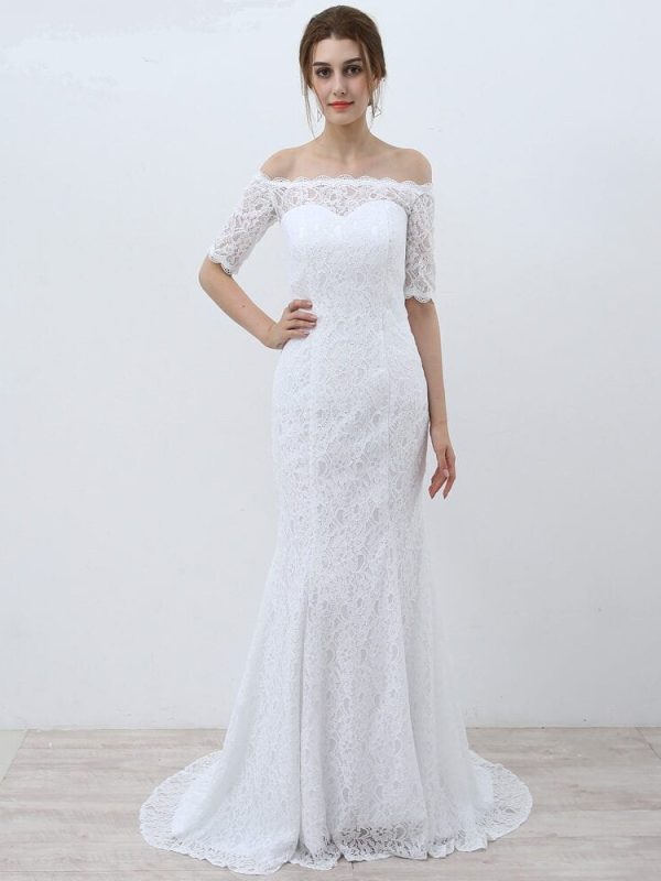 White Vintage Off The Shoulder Half Sleeves Lace Mermaid Wedding Dress in Wedding dresses