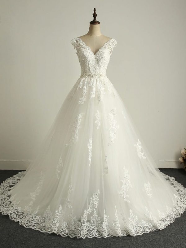 Off Shoulder Lace Appliques Crystal Vintage Wedding Dress