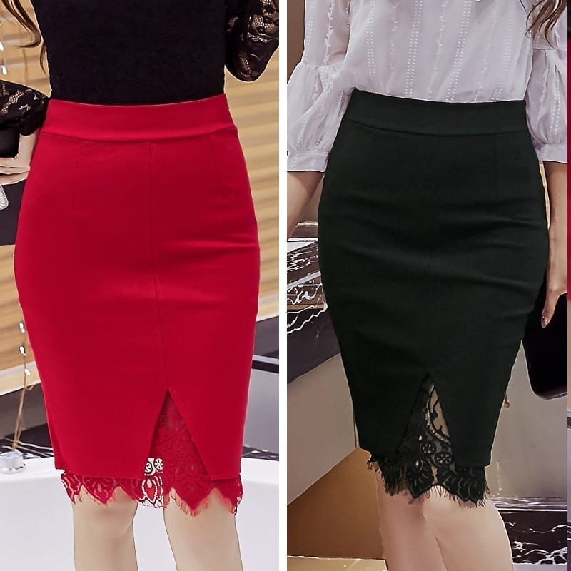 High Waist Lace Embroidery Open Slit Elegant Office Skirt – megawedding