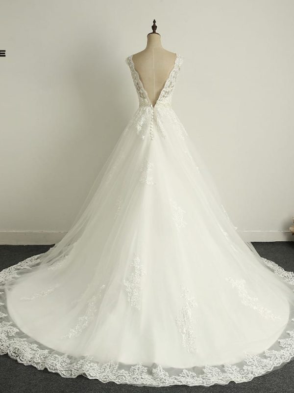 Off Shoulder Lace Appliques Crystal Vintage Wedding Dress
