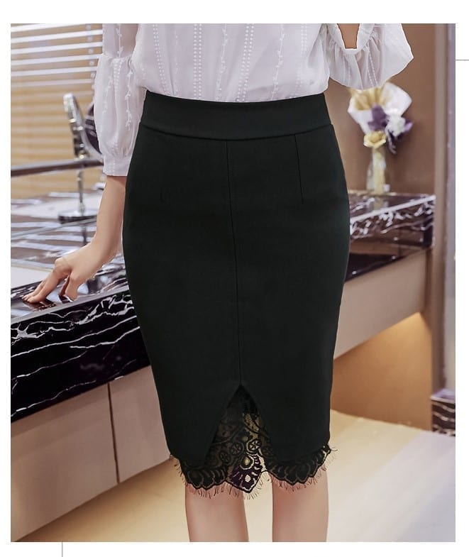 High Waist Lace Embroidery Open Slit Elegant Office Skirt