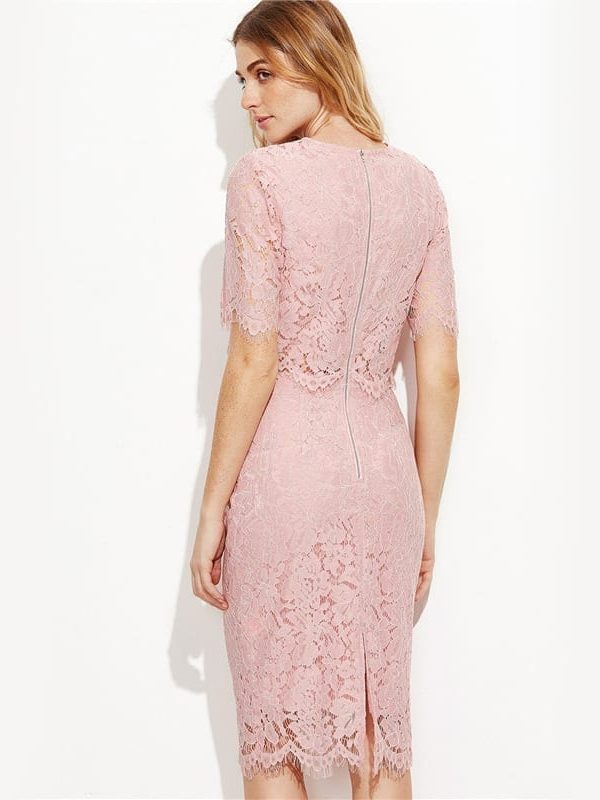 Vintage Pink Open Midriff Floral Lace Summer Party Dress