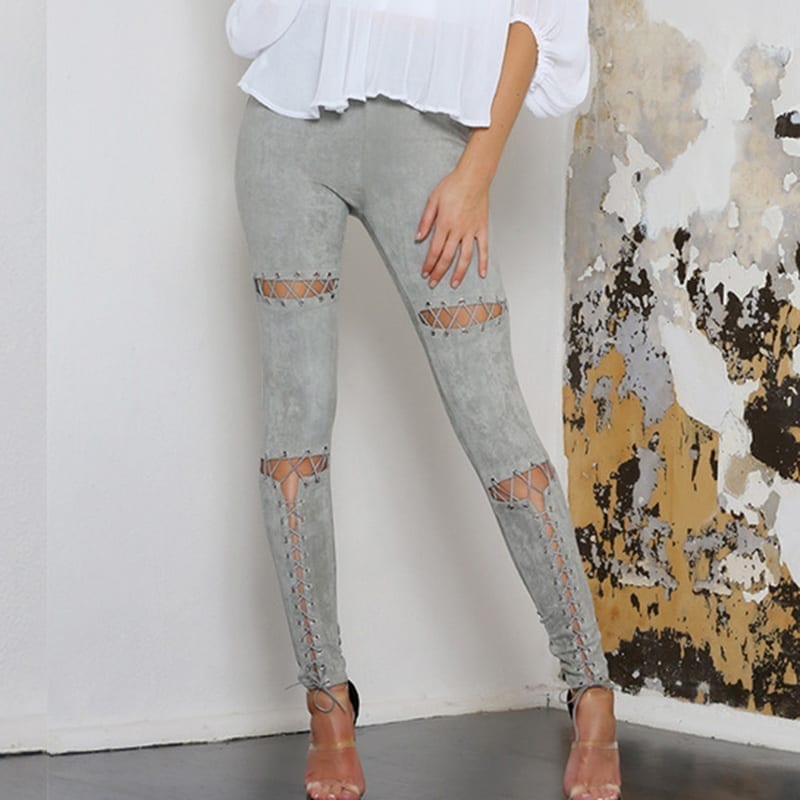 Suede Stretch Pleated Elastic Hollow Out Lace-up Bandage Pants Leggings