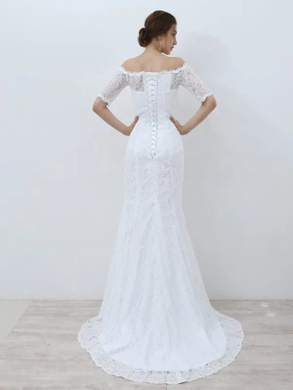 White Vintage Off The Shoulder Half Sleeves Lace Mermaid Wedding Dress in Wedding dresses