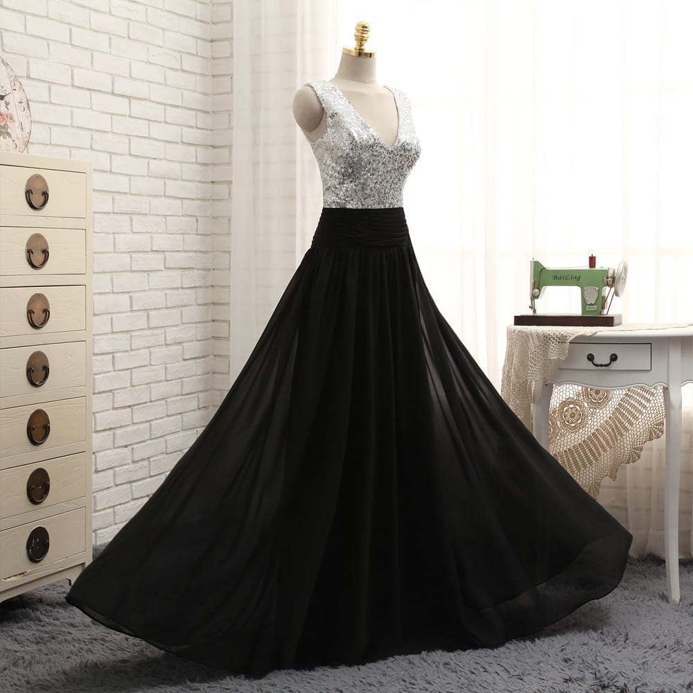 A-line Deep V-neck Black Chiffon Sequins Long Bridesmaid Dress