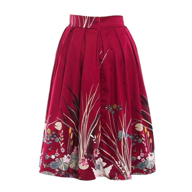 Elegant Vintage Swan Printed High Waist Flared Midi Pleated Skirt ...