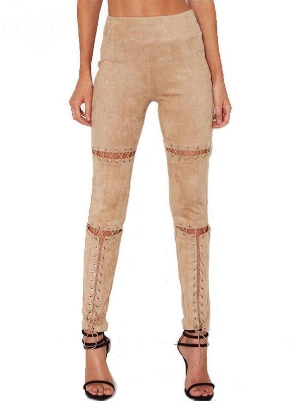 Suede Stretch Pleated Elastic Hollow Out Lace-up Bandage Pants Leggings