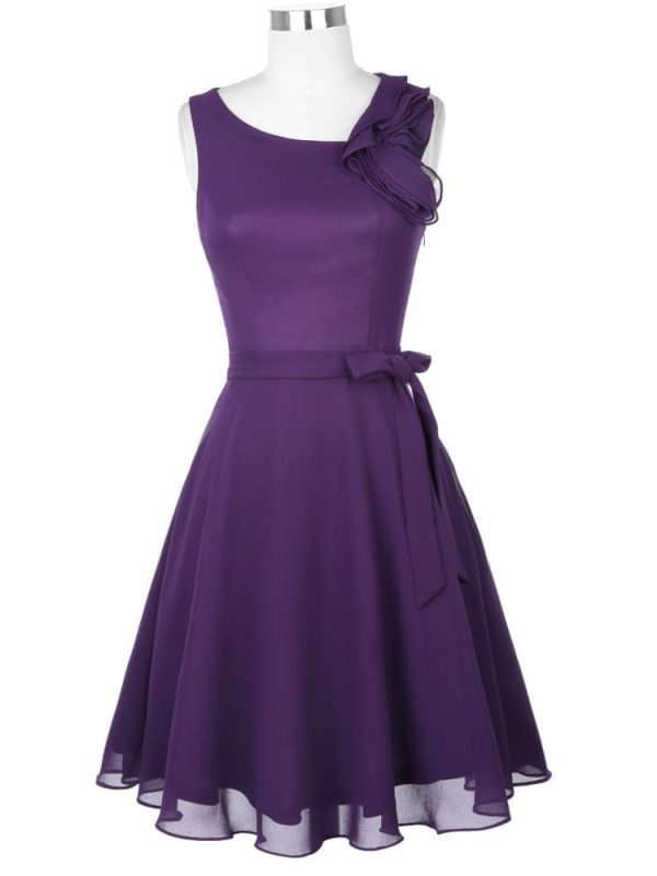 Short Purple Ruffle Sleeveless Knee Length Chiffon Bridesmaid Dress