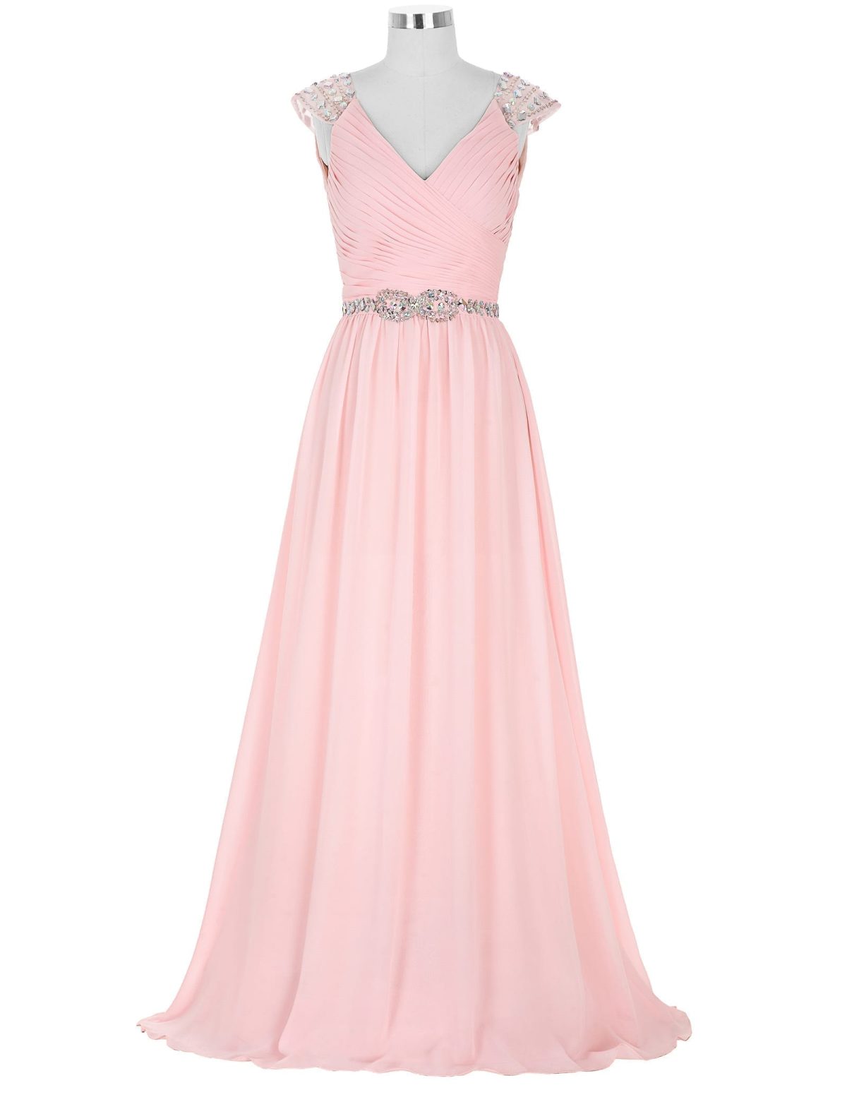 Pink Chiffon V Neck Beaded A Line Capped Sleeve Maid Of Honor Long Bridesmaid Dress in Bridesmaid dresses